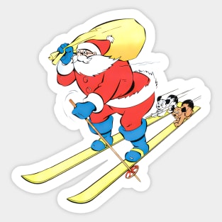 two funny dogs travel on Santa Claus's skis at full speed towards merry Christmas in the snow Retro Vintage Comic Cartoon Sticker